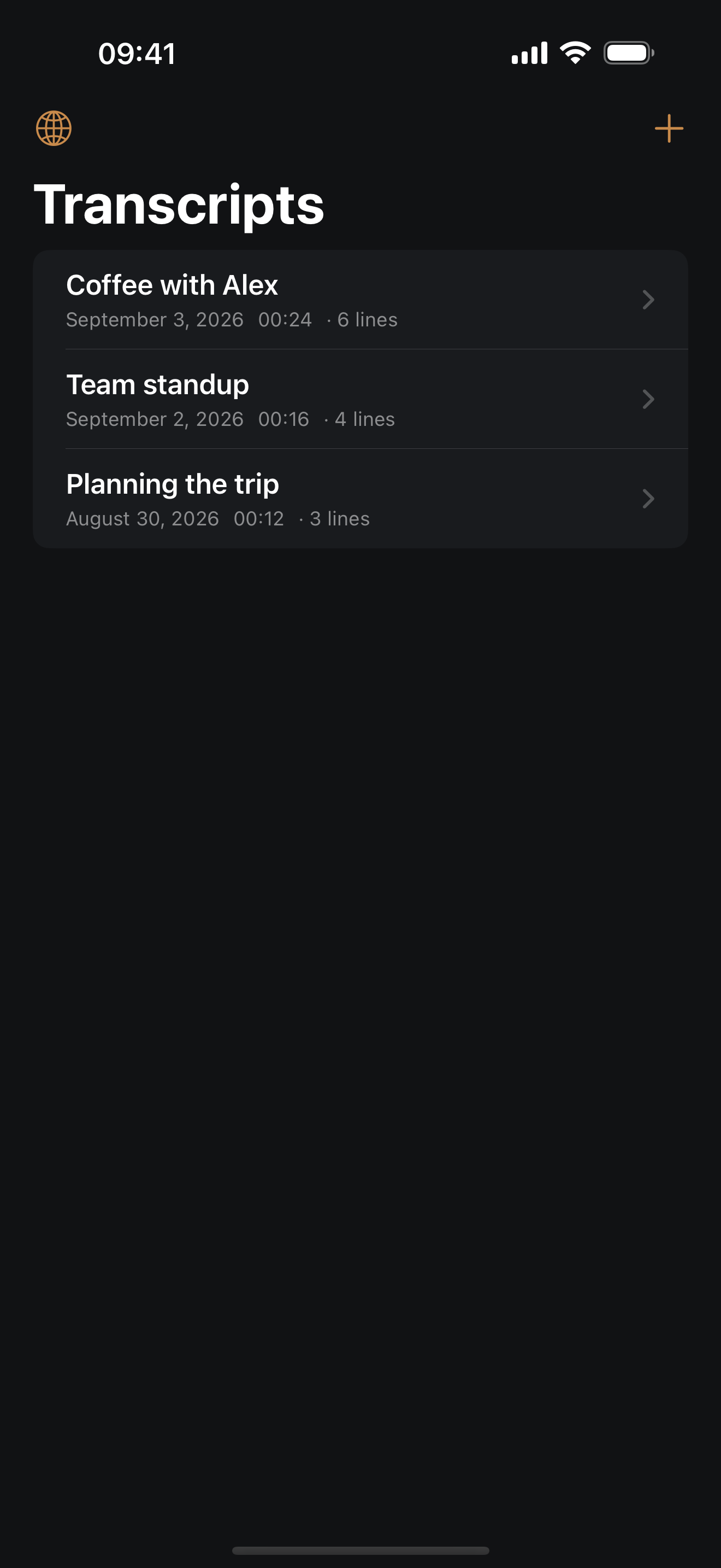 Beseda home screen listing saved transcripts with dates, durations and line counts