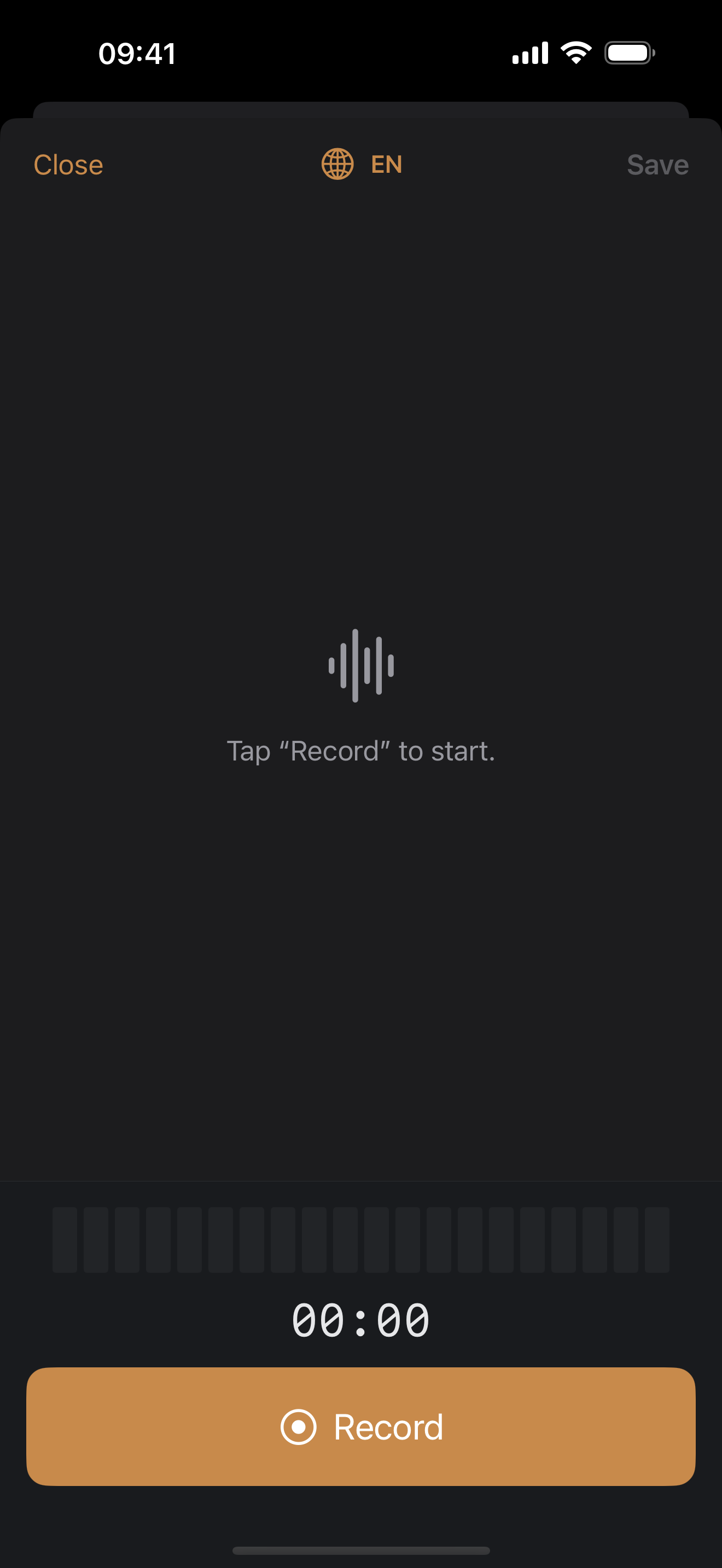 Beseda recording screen with a live audio level meter and a Record button
