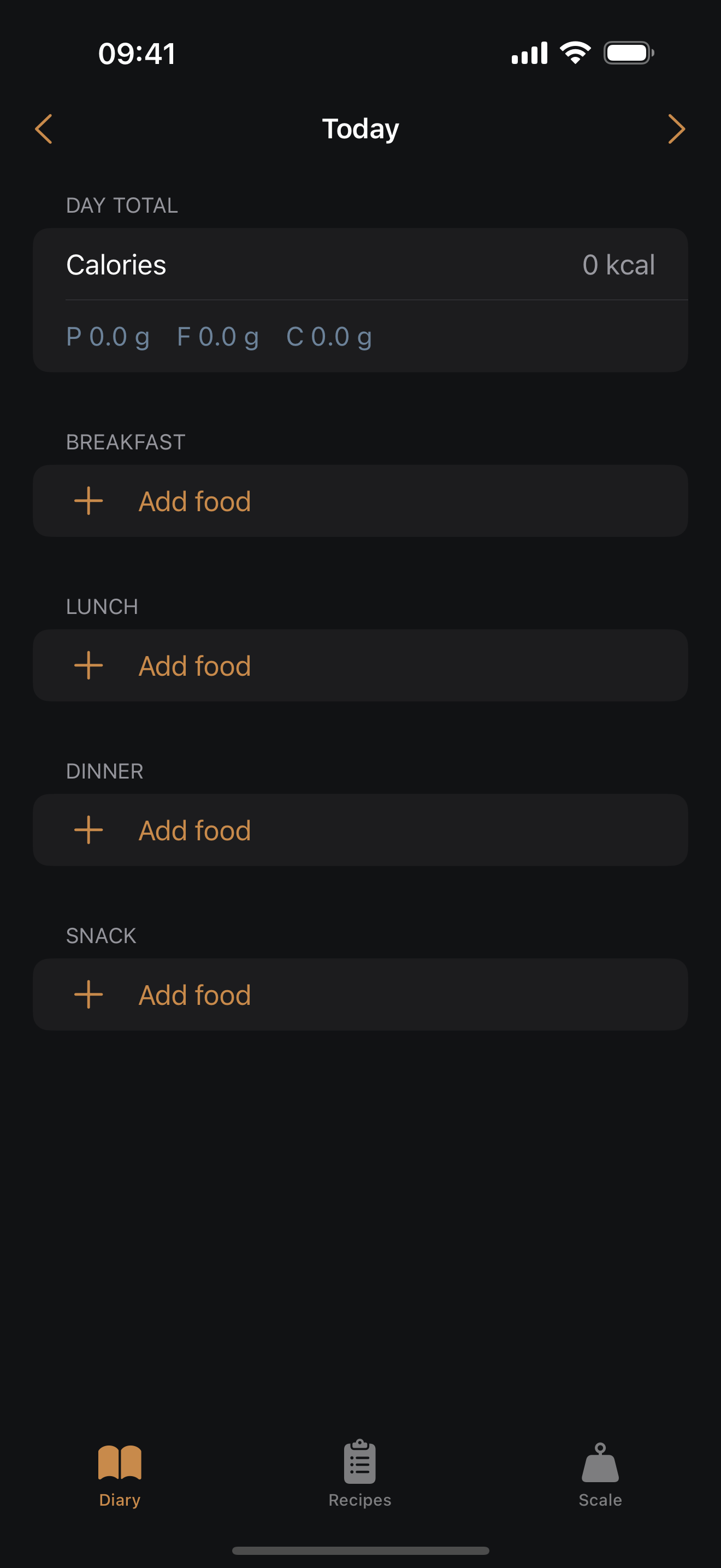 ScalePlate food diary for the day with a calories total and meal sections for breakfast, lunch, dinner and snack