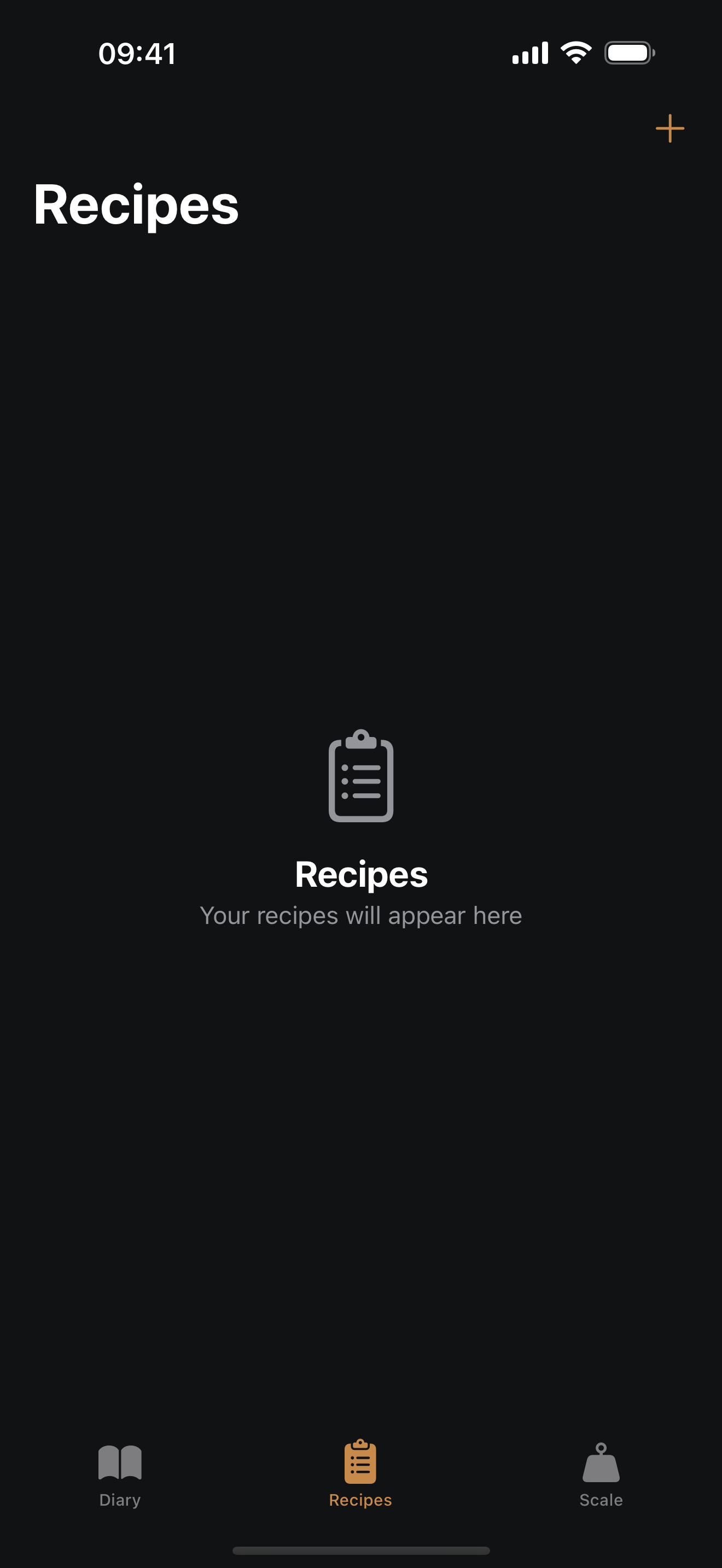 ScalePlate recipes tab with an empty state ready to hold saved recipes