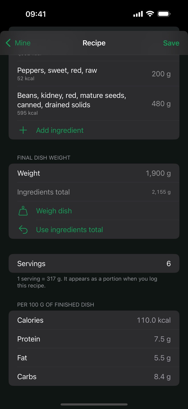 Chili con carne recipe: ingredient weights, a 1,900 g finished dish, 6 servings of 317 g and nutrition per 100 g of the cooked dish